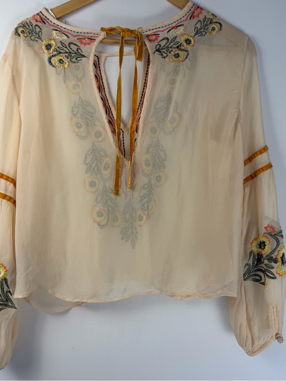 Kimchi Blue Cream Embroidered V-Neck Peasant Tunic with Yellow and Pink Flowers - Picture 5 of 7